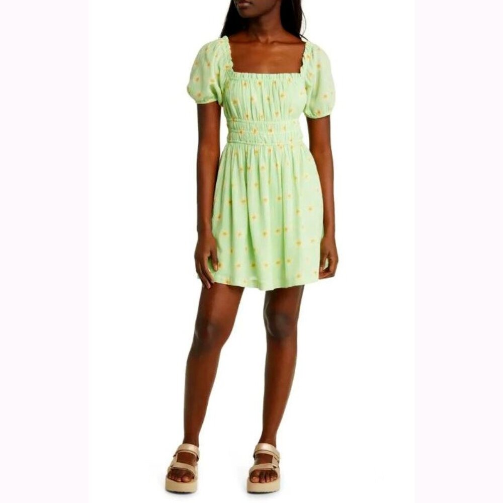 BP. Nordstrom "Green-Yellow Daisy Dots" Shirred Puff Sleeve Prairie Dress